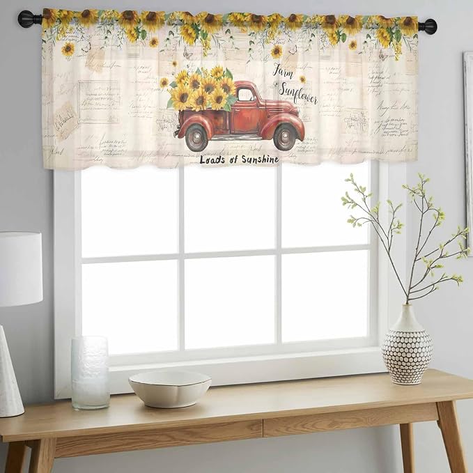 Farmhouses Sunflowers Sheer Valance Curtains, Retro Floral Leaves Red Truck - Image 3