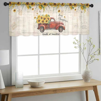 Farmhouses Sunflowers Sheer Valance Curtains, Retro Floral Leaves Red Truck - Image 3