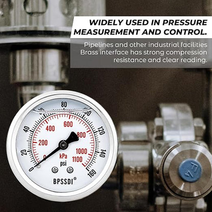 0-160 Psi Glycerin Liquid Filled Low Pressure Gauge, 2.5" Dial Size, 1/4" G - Image 2