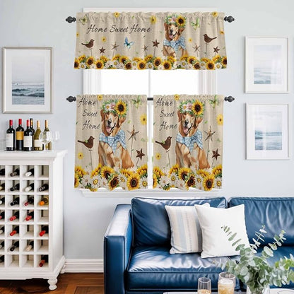 Kitchen Curtains Tiers and Valance Set of 3, Sunflowers Dog Light Filtering - Image 6