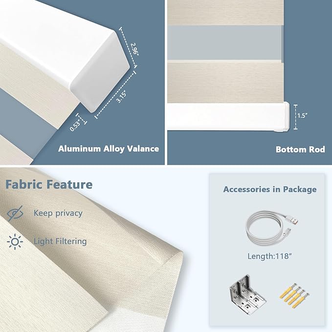 COOLWINDS Motorized Zebra Blinds for Windows Cordless Electric Curtains with Remote Control Blackout Shades Custom Smart Blinds Compatible with Alexa Google Home(Light Filtering Beige,W24 X 72in)