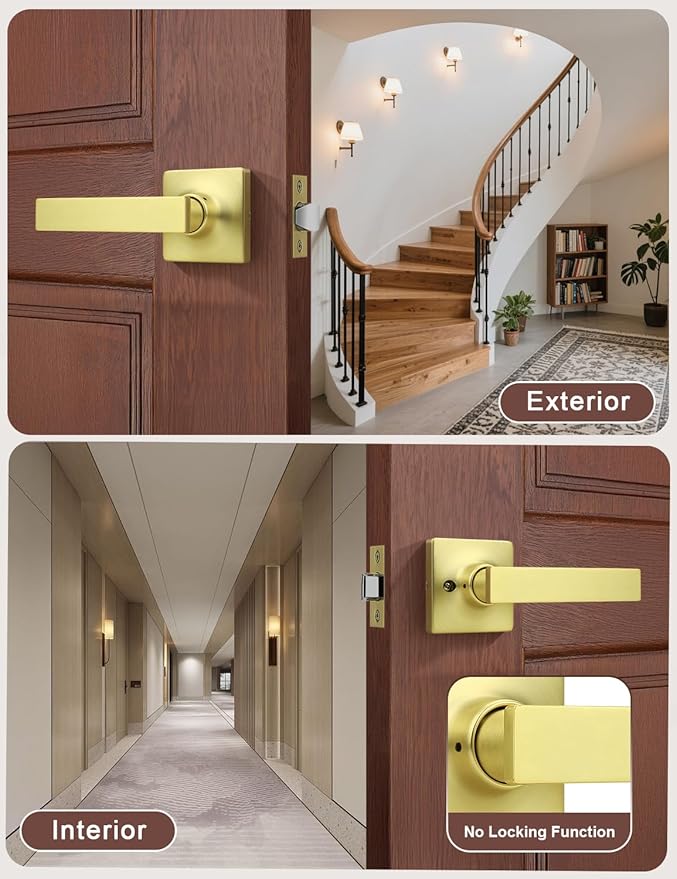 Mengico 10 Pack Passage Door Levers Gold Finish, No-Locking Keyless Square Door Knob, Interior Door Handles for Closet and Hallway, Reversible for Left & Right Handed