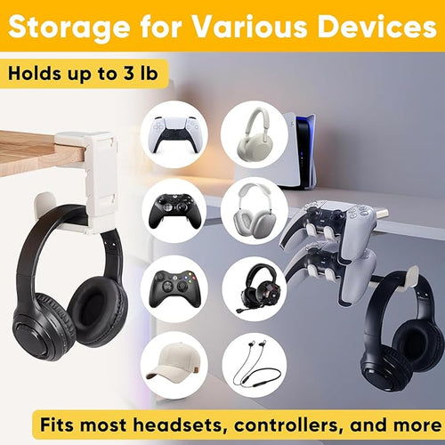 3-in-1 Under Desk Headphone Hanger with Adjustable Clamp Mount, 2 Controller Slots & 1 Headset Universal Holder Stand, Rotatable Hook Rack & Cable Organizer, for Home Gaming Xbox ps5 - White