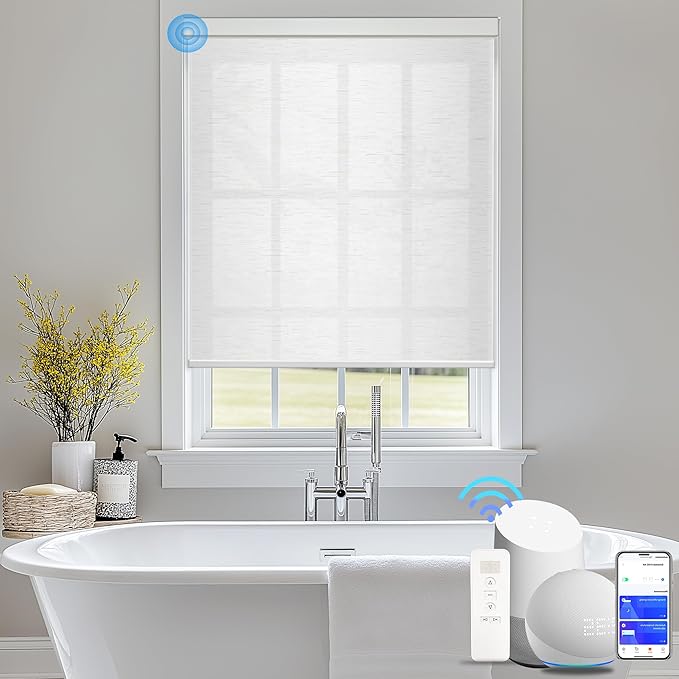 COOLWINDS Motorized Blinds with Remote Cordless Automatic Motorized Shades Custom Blinds for Windows Smart Curtains Compatible with Alexa Google Home(Light Filtering Cloud White,W34 x H72in)