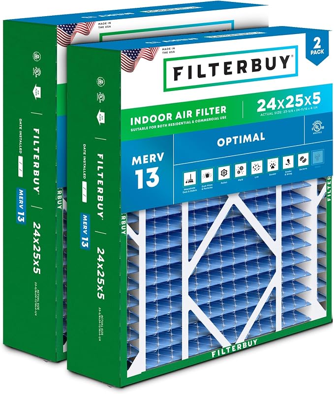Filterbuy 24x25x5 Air Filter MERV 13 Optimal Smoke & Allergy Defense, by Filterbuy