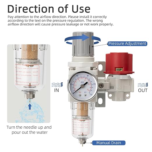 Pneumatic Air Compressor Filter Regulator Combo 1/4" NPT 0-150 PSI, Pressure - Image 5