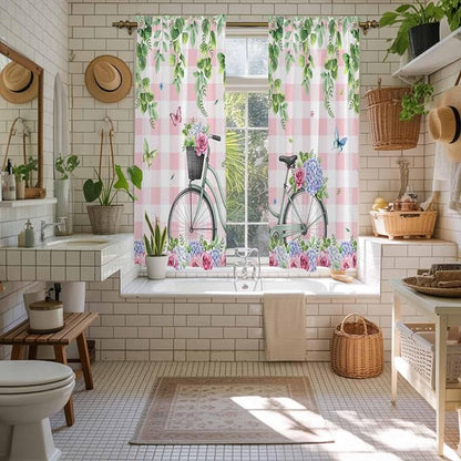 Spring Kitchen Curtains, Bicycles Leaves Butterfly Flowers Pink Buffalo Plaid - Image 5