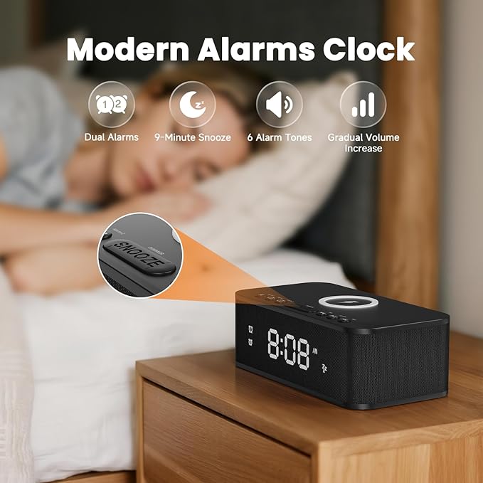 Fansbe Direct Digital Alarm Clock White Noise, Loud Digital Alarm Clocks Bedrooms, Alarm Clock Speaker Wireless Charger AUX USB Bluetooth Speaker 12/24H Dual Alarm Snooze Adjustable Brightness, Black