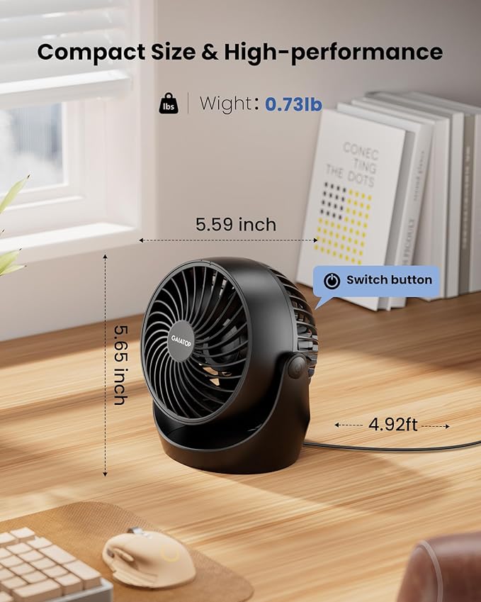 Gaiatop Desk Fan, 5-Inch Portable Electric Table Desktop Air Circulator Fans, Small but Powerful with 3 Speed 360° Adjustable Tilt for Cooling Home Dorm Office Bedroom Bathroom Kitchen, Black