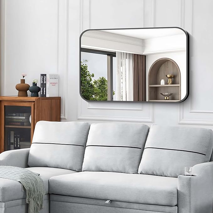 Black Bathroom Mirror, 28x42 inch Aluminum Metal Frame Rectangular Vanity Mirror, Wall Mounted Rectangle Mirrors with Rounded Corner for Bedroom Living Room Hangs Horizontal Or Vertical