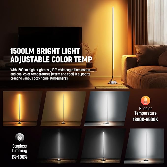 NEEWER Smart RGBW Floor Lamp, 1500lm LED Standing Corner Light Compatible with Alexa Google, APP Control/AI DIY/Music Sync/16 Million Colors, Ambience Lighting for Bedroom Living Room Home Decor, NF01