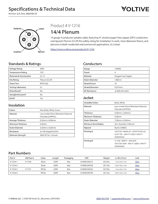Voltive 14/4 Speaker Wire, Plenum CL3P, Black, 500ft - 14AWG, 4 Conductors, Stranded Oxygen-Free Copper, UL Listed - V-1216-3