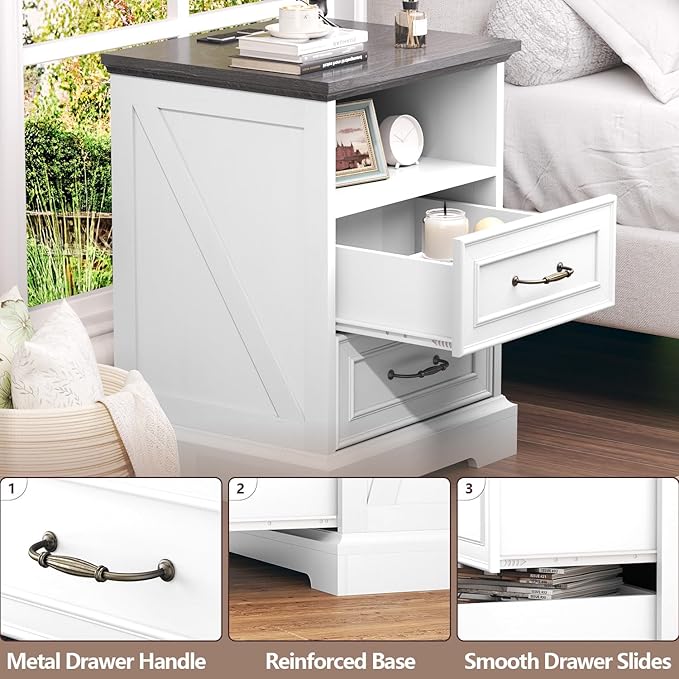 Nightstand with Charging Station,18" Wide End Table with 2 Large Drawers & Metal Handles,Rustic Farmhouse Wood Small Dresser,Bedside Table,Modern Chest of Drawers for Bedroom,Living Room,Off White