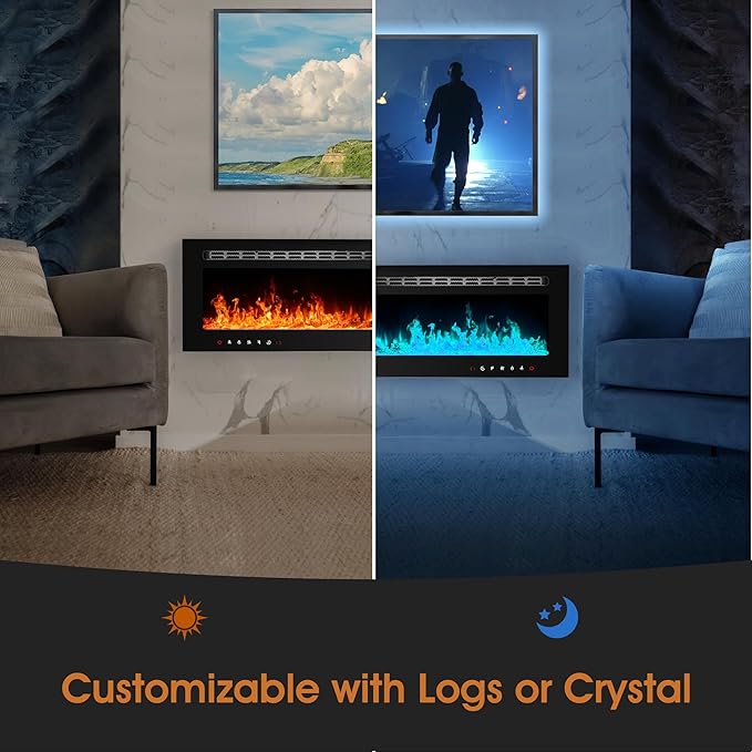 80 inch Ultra-Thin Electric Fireplace Recessed and Wall Mounted with Touch Screen Control Panel/Remote Control- Timer,Realistic 5 Flame - Log & Crystal Hearth Options