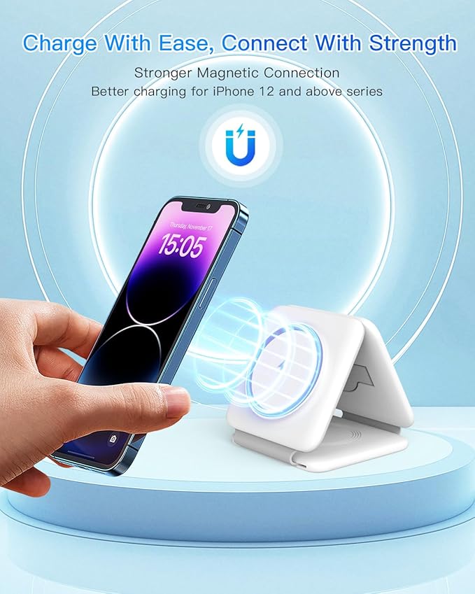 Charging Station for Apple Multiple Devices - 3 in 1 Foldable Magnetic Wireless Charger Dock - Travel Charging Pad for iPhone 16 15 14 13 12 Pro Max Plus Watch & Airpods