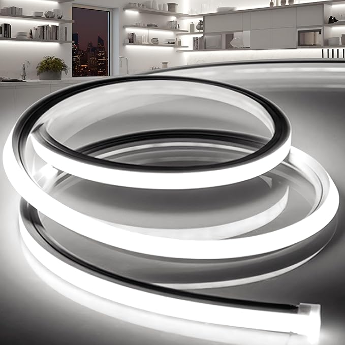 VOEWT LED Strip Lights Daylight White 6000K,9.8ft 110-120V Neon Rope Lights,Flexible Silicone Outdoor Waterproof Neon Strip Lights for Bedroom,Mirror,Kitchen Cabinet, Living Room,Halloween Decor