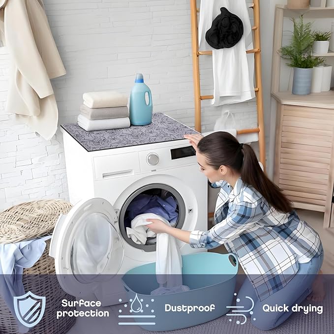 Teenyyou 1 Pcs 26" x 18" Dryer Top Protector Mat, Washer and Dryer Topper, Non Slip Waterproof Machine Cover Dust Proof Quick Drying Topper Pad for Laundry and Kitchen (Peony)