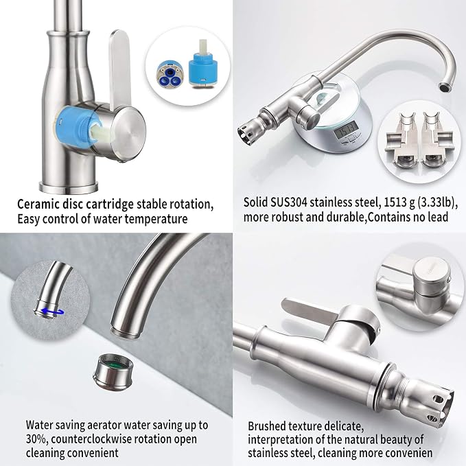 Single Handle Kitchen Faucet Stainless Steel Brushed Nickel，Modern High Arc - Image 3
