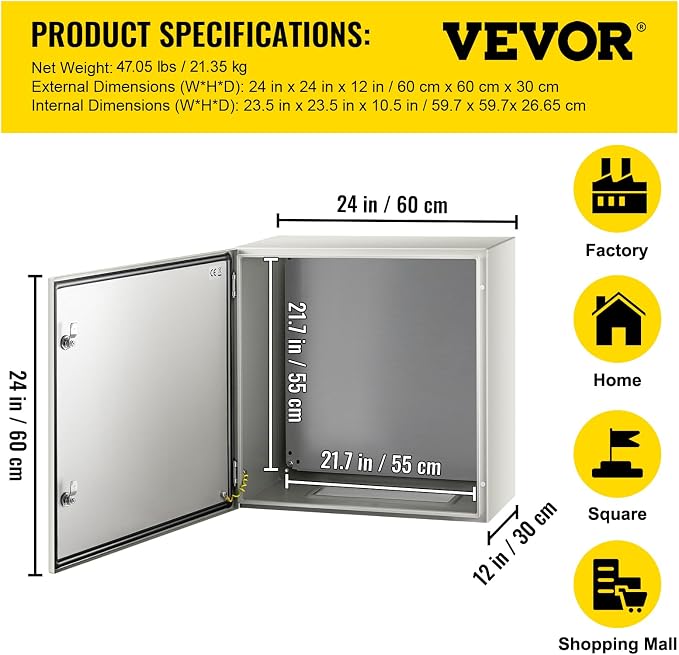 VEVOR NEMA Steel Enclosure, IP66 Waterproof & Dustproof, Outdoor/Indoor - Image 7
