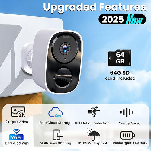2025 Upgraded 2K Wireless Security Camera with 64G SD Card, Free Cloud Storage, 1-6 Month Battery Life, AI Motion Detection, Spotlight, Siren Alarm, 2-Way Audio, Waterproof WiFi Surveillance Camera