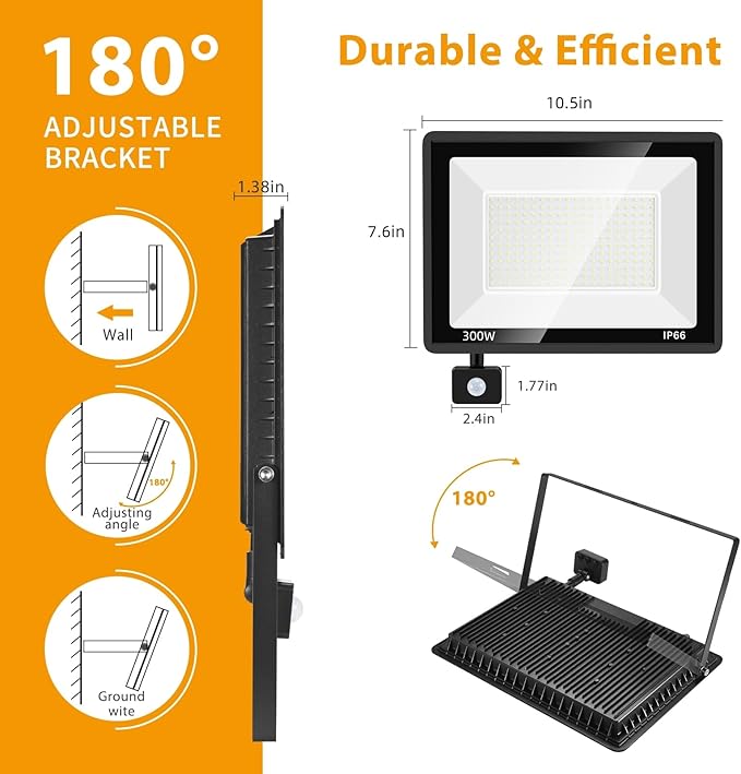 YANYCN 2 Pack 300W LED Motion Sensor Flood Light,LED Work Light with Plug,Super Bright IP66 Waterproof Floodlight Outdoor 43500 lumens 5000K Daylight Dusk to Dawn Security Light for Garage,Front Porch