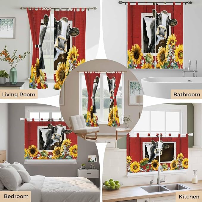 Cows Sunflowers Bathroom Curtains 63 Inch Length, Window Curtains Tab Top - Image 7