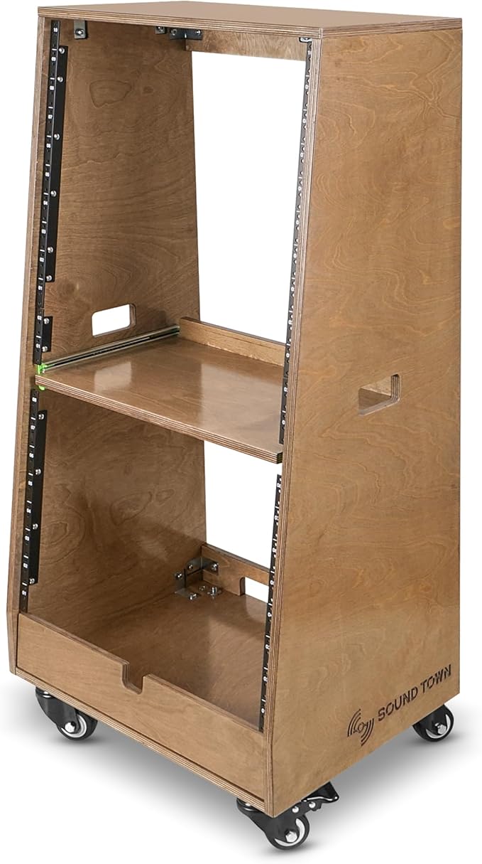 Sound Town DIY Slanted 20U Studio Rack (12U Top + 8U Lower), with 2U Bottom Storage, Slide-Out Tray, Caster, Plywood, Weathered Brown for Recording Room, Home Studio (SDRK-ST20TB)