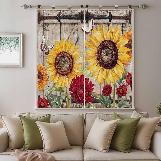 Sunflowers Bathroom Curtains 63 Inch Length, Window Curtains Tab Top, Retro - Image 9