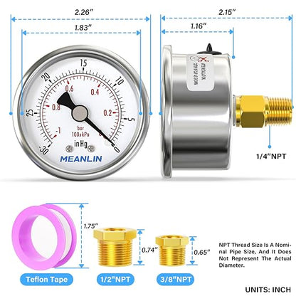 MEANLIN MEASURE -30inHG~0Psi Vacuum Gauge Stainless Steel 1/4" NPT 2" FACE DIAL - Image 2