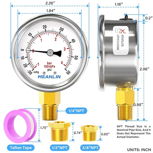 MEANLIN MEASURE -30inHG~60Psi Vacuum Gauge Stainless Steel 1/4" NPT 2" FACE - Image 2