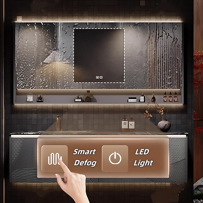 Bathroom Floating Vanity - Smart Defogging LED Lamp & Bathroom Vanities with Tops | Innovative Door Panel Design & Motion Sensor Light, Concealed Handle (B, 40IN)