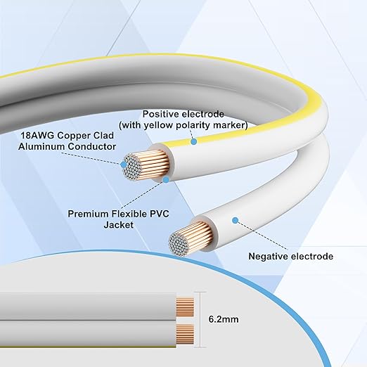 18AWG Speaker Wire 25 FT, 18 Gauge Audio Security Alarm Hookup Control Low Voltage Cable, Home Theater Wire, Automotive Wire, White Cord with Yellow Polarity Marker, CCA, 2 Conductors Electrical Wire