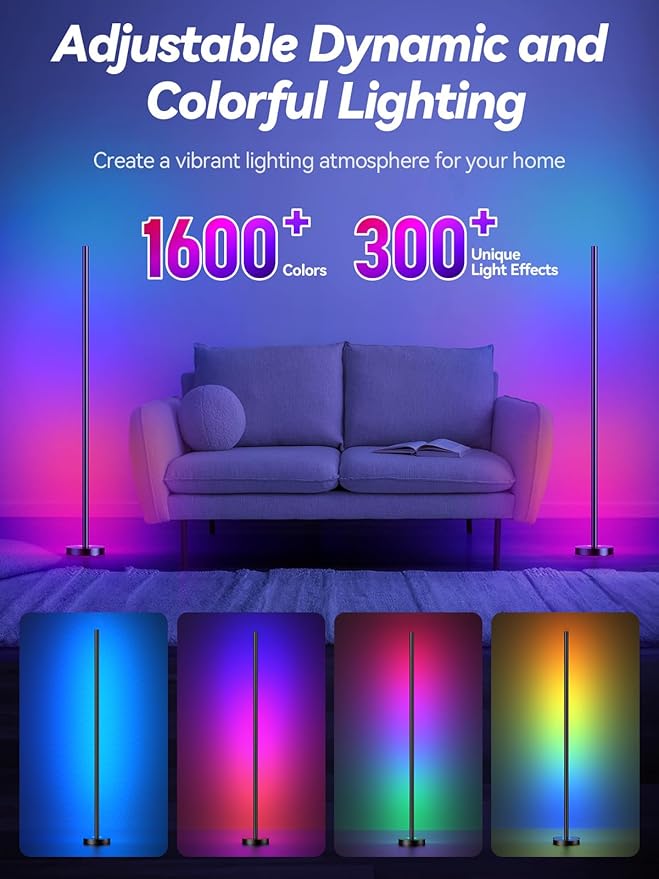 Corner Floor Lamp, LED Corner Lamp with App and Remote Control, RGBICW 16 Million DIY Colors & 68+ Scene, Music Sync, Color Changing Smart Ambient Light for Living Rooms, Bedrooms, and Gaming Rooms