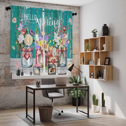 Spring Flowers Kitchen Curtains, Farmhouse Watercolor Teal Wood Grain Light - Image 6