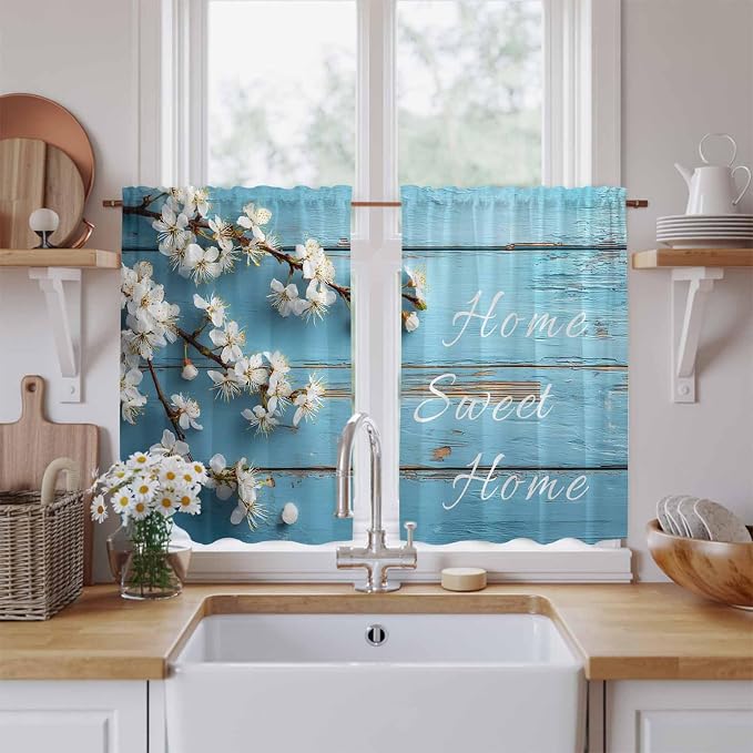Farmhouse Wooden Grain Kitchen Curtains, Vintage Shabby Chic Flower Blue Light by Unknown