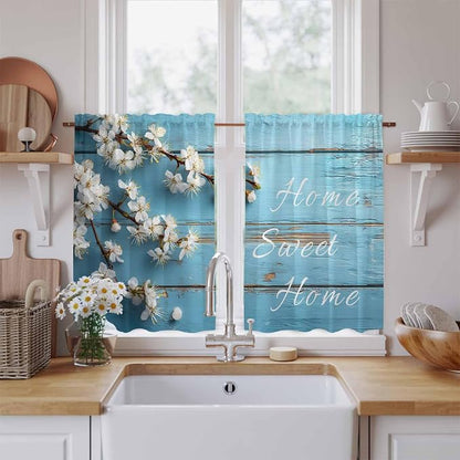 Farmhouse Wooden Grain Kitchen Curtains, Vintage Shabby Chic Flower Blue Light by Unknown