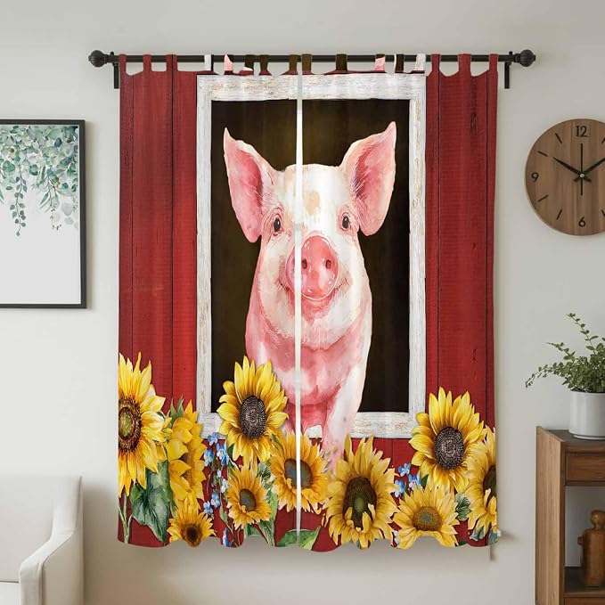 Pigs Sunflowers Living Room Curtains 96 Inch Length, Window Curtains Tab Top - Image 2