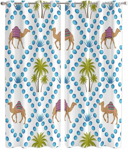 2 Panel Kitchen Cafe Curtains, Camels Palm Trees Sunlight Filtering Nature Air by Hokiten