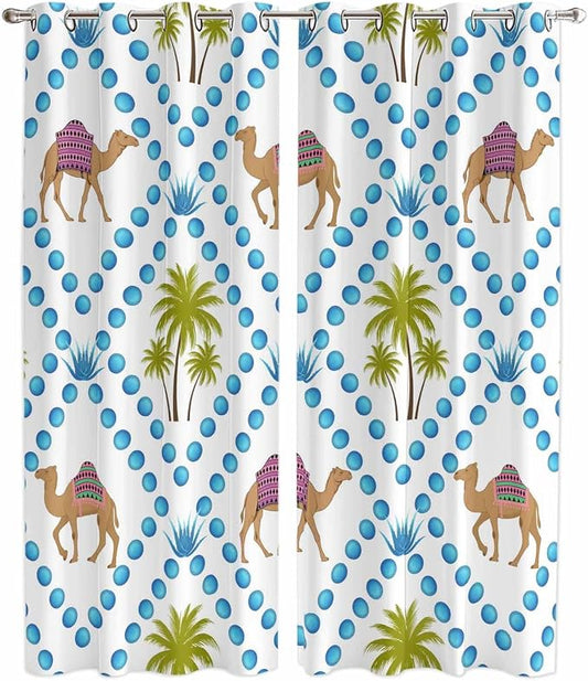 2 Panel Kitchen Cafe Curtains, Camels Palm Trees Sunlight Filtering Nature Air by Hokiten