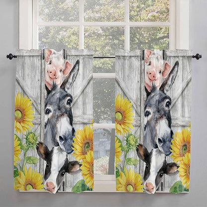 Farmhouse Tier Curtains 45 Inches Long, Watercolor Sunflowers Animals Printed - Image 2