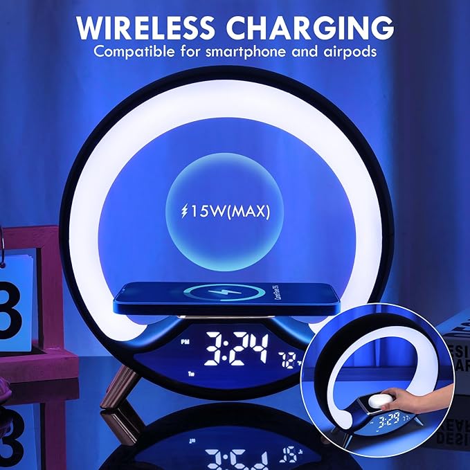 GuDoQi Sunrise Alarm Clock with Fast Wireless Charger Station and Bluetooth, Full Screen with Sunrise Simulation Light, Sleep Aid, Dual Alarms, FM Radio, 10 Colors Nightlight for Bedroom, Black