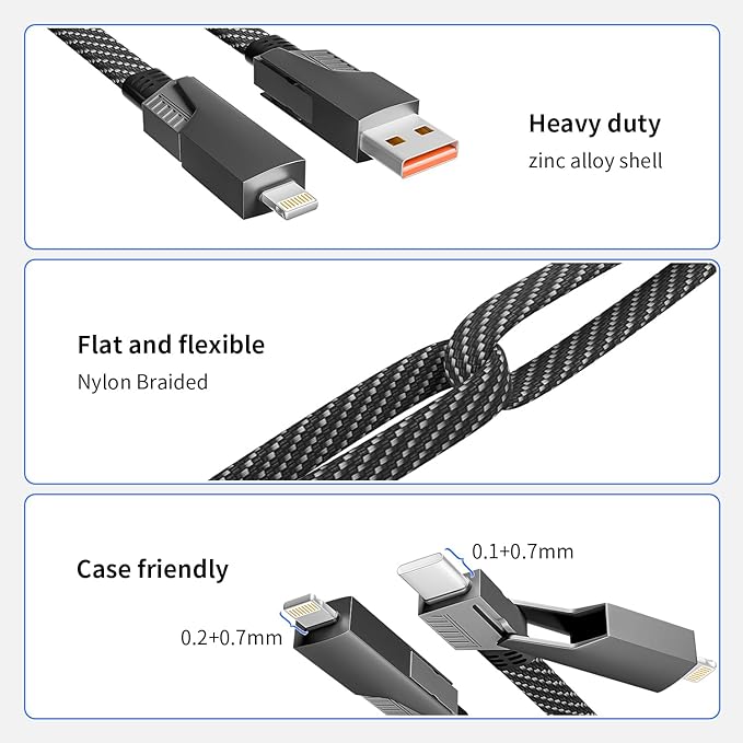 Firsting 4 in 1 Charging Cable 240W MAX, USB C Cable Fast Charger Cord with E-Mark Chip, USB A/C to C/Lightning Cable, Multi iPhone Charger Cord for iPhone16/15/14/13 Series/Phones/Pads and Laptop