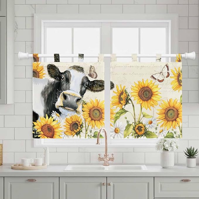 Yellow Sunflowers Kitchen Curtains 24 Inch Length, Small Window Curtains Tab Top - Image 3