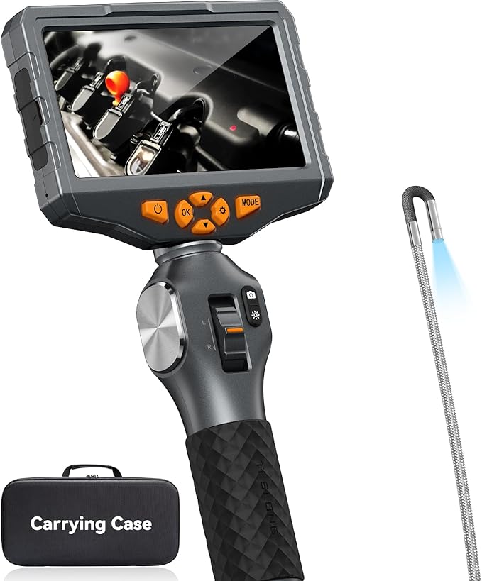 Teslong 3.9mm Two-Way Articulating Borescope with Light, 5-inch IPS Endoscope Inspection Camera with Articulated Probe, Flexible Automotive Mechanics Gadgets Fiber Optic Scope Cam-0.15inch