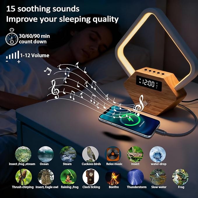 Wood Sunrise Alarm Clock with White Noise Machine 3 Color Night Light 15 Soothing Sounds Sleep Aid 30/60/90min Timer 10 Alarm Ringtones USB C PD Phone Charger Anniversary Birthday Gifts for Women Men