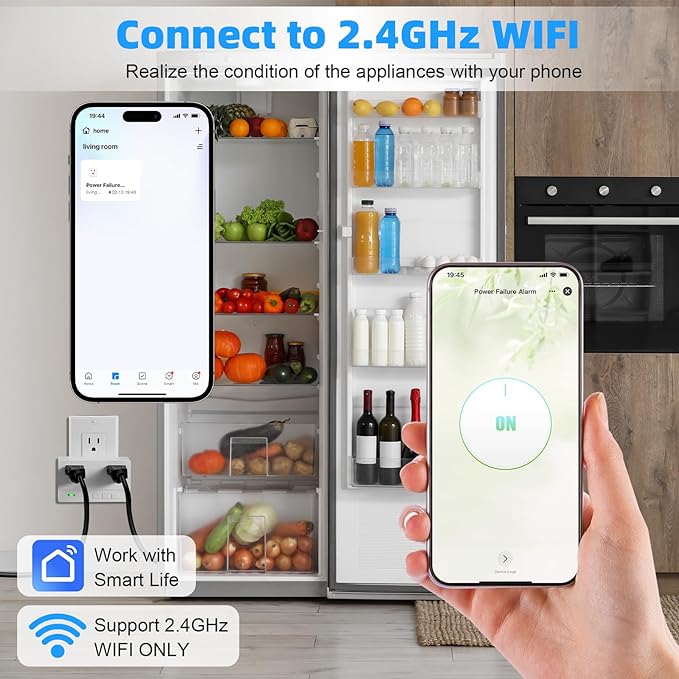 Freezer Alarm Wireless WiFi Alert 2.4GHz,Power Failure Alarm with 2 Socket, 110dB Power Loss Alert with LED Indicator,Blackout Alert for GFCI Trips,Refrigerator,Freeze,Compatible with Smart Life