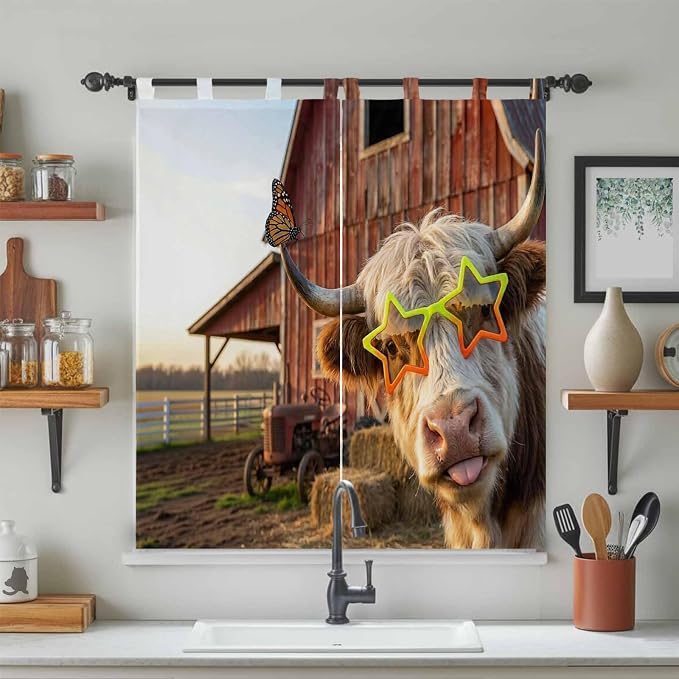 Farm Yaks Bathroom Curtains 63 Inch Length, Window Curtains Tab Top, Farmhouse - Image 3