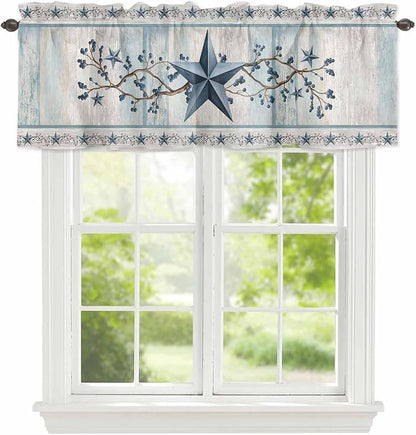 Blue Texas Star Valances for Windows, Vintage Star Berry Blue Beige Wood Grain by Unknown