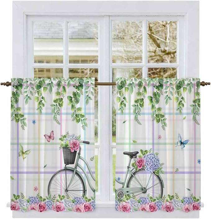 Spring Kitchen Curtains, Bicycles Botanical Leaves Rose Colorful Stripes Light - Image 2