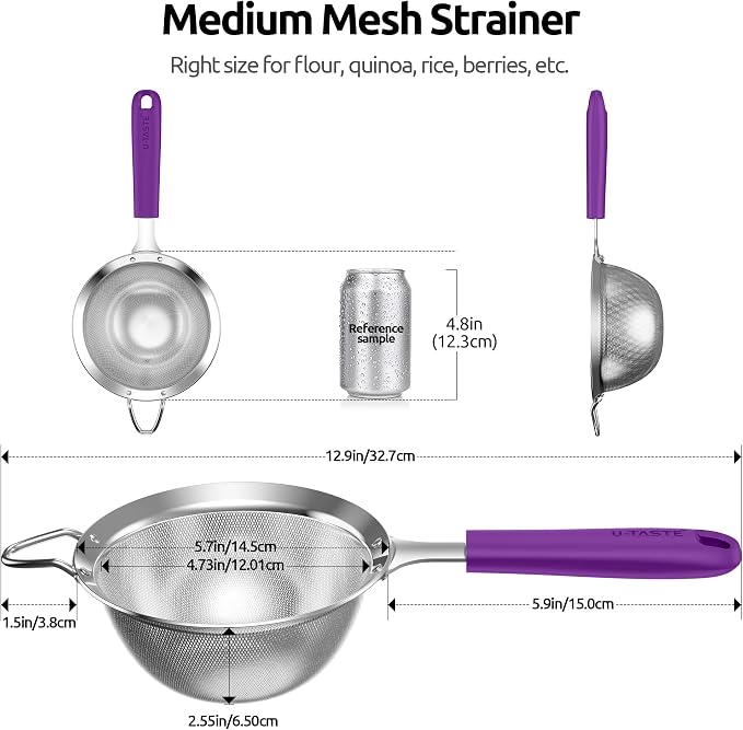U-Taste Medium Fine Mesh Strainer: 18/8 Stainless Steel 4.73in 30 Mesh Kitchen - Image 2